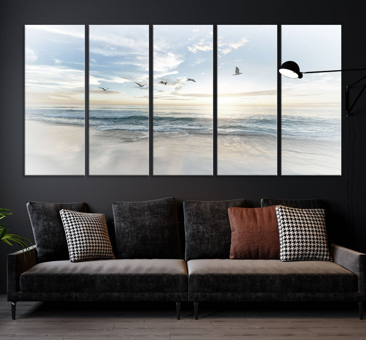 The Flight Over Coastal Beach Landscape Photography Print, a triptych of a serene ocean and sky scene with seagulls on museum-quality canvas, captivates as it hangs prominently in any space. Enjoy free shipping on this captivating piece that transforms any room into a tranquil retreat.