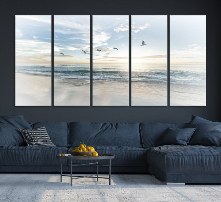 The Flight Over Coastal Beach Landscape Photography Print, a triptych of a serene ocean and sky scene with seagulls on museum-quality canvas, captivates as it hangs prominently in any space. Enjoy free shipping on this captivating piece that transforms any room into a tranquil retreat.