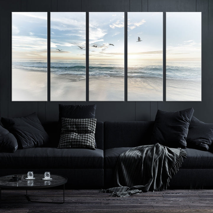 The Flight Over Coastal Beach Landscape Photography Print, a triptych of a serene ocean and sky scene with seagulls on museum-quality canvas, captivates as it hangs prominently in any space. Enjoy free shipping on this captivating piece that transforms any room into a tranquil retreat.