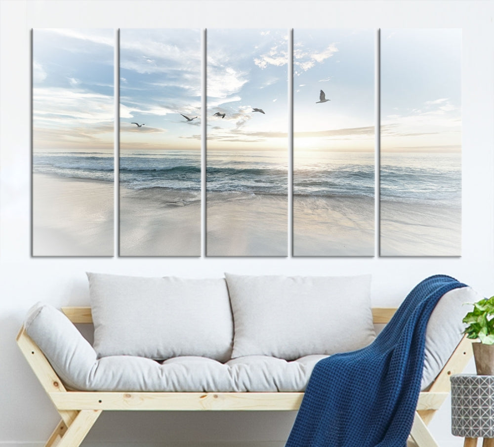 The Flight Over Coastal Beach Landscape Photography Print, a triptych of a serene ocean and sky scene with seagulls on museum-quality canvas, captivates as it hangs prominently in any space. Enjoy free shipping on this captivating piece that transforms any room into a tranquil retreat.