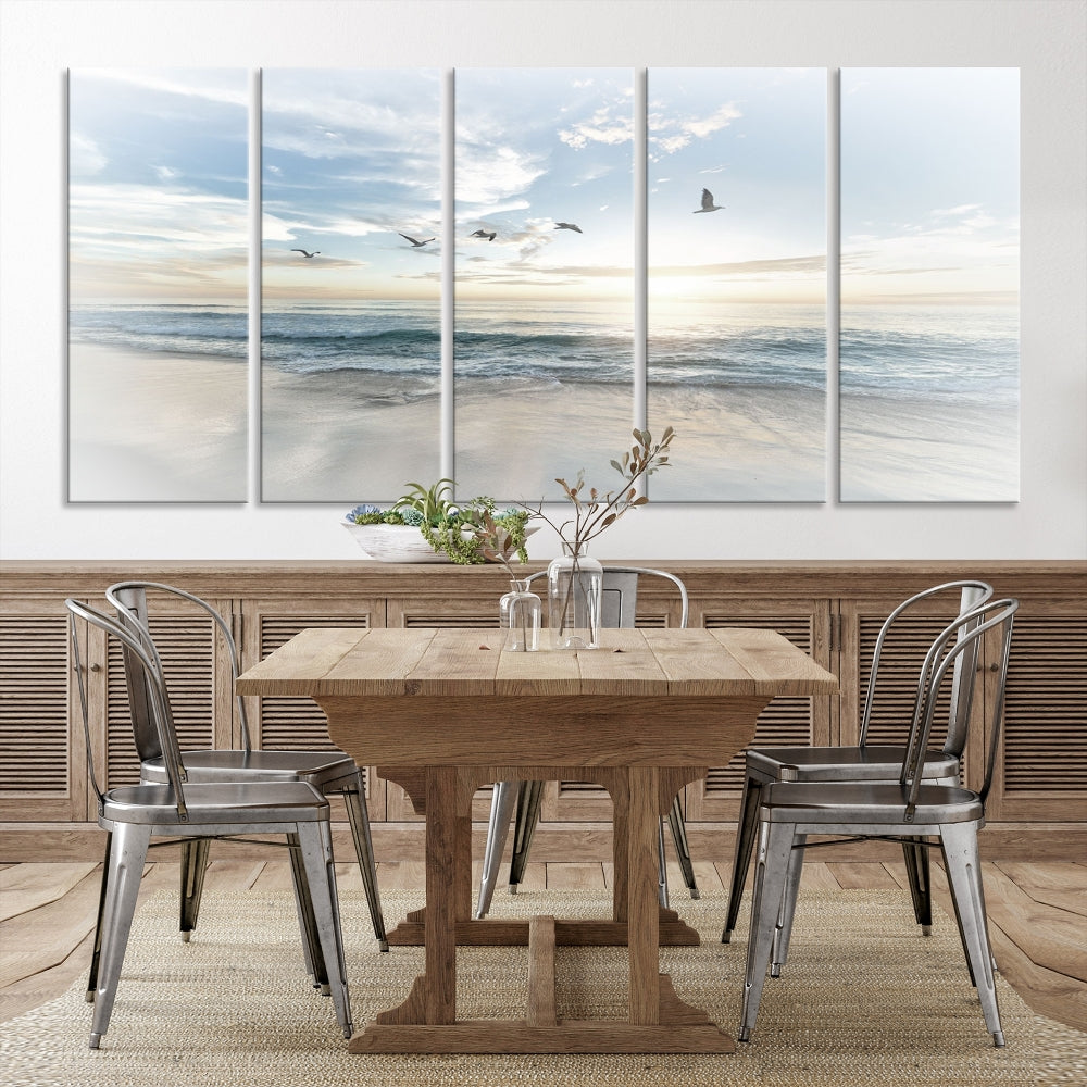 The Flight Over Coastal Beach Landscape Photography Print, a triptych of a serene ocean and sky scene with seagulls on museum-quality canvas, captivates as it hangs prominently in any space. Enjoy free shipping on this captivating piece that transforms any room into a tranquil retreat.