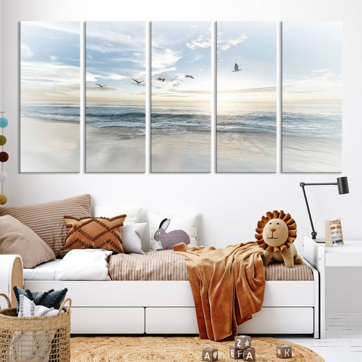 The Flight Over Coastal Beach Landscape Photography Print, a triptych of a serene ocean and sky scene with seagulls on museum-quality canvas, captivates as it hangs prominently in any space. Enjoy free shipping on this captivating piece that transforms any room into a tranquil retreat.