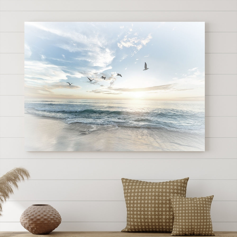 The Flight Over Coastal Beach Landscape Photography Print, a triptych of a serene ocean and sky scene with seagulls on museum-quality canvas, captivates as it hangs prominently in any space. Enjoy free shipping on this captivating piece that transforms any room into a tranquil retreat.