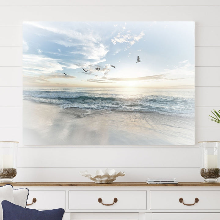 The Flight Over Coastal Beach Landscape Photography Print, a triptych of a serene ocean and sky scene with seagulls on museum-quality canvas, captivates as it hangs prominently in any space. Enjoy free shipping on this captivating piece that transforms any room into a tranquil retreat.