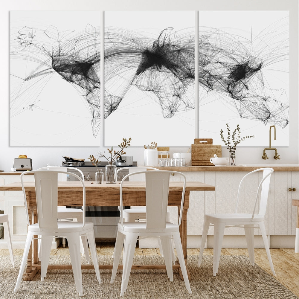 The "Flight Routes Air Traffic World Map" canvas wall art, featuring a triptych with abstract black line designs reminiscent of intricate flight paths, beautifies the wall. This framed, ready-to-hang piece adds a sophisticated touch to the living space.