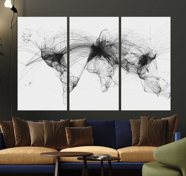 The "Flight Routes Air Traffic World Map" canvas wall art, featuring a triptych with abstract black line designs reminiscent of intricate flight paths, beautifies the wall. This framed, ready-to-hang piece adds a sophisticated touch to the living space.