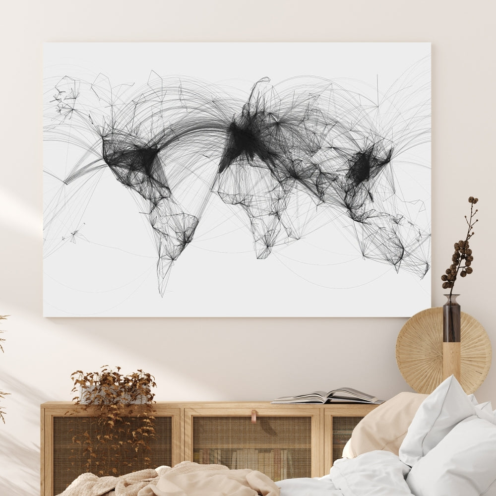 The "Flight Routes Air Traffic World Map" canvas wall art, featuring a triptych with abstract black line designs reminiscent of intricate flight paths, beautifies the wall. This framed, ready-to-hang piece adds a sophisticated touch to the living space.