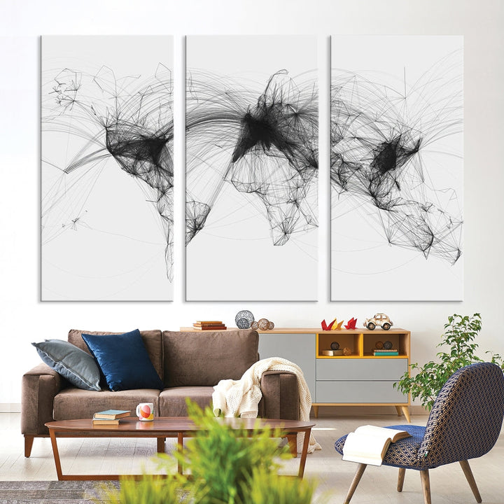 The "Flight Routes Air Traffic World Map" canvas wall art, featuring a triptych with abstract black line designs reminiscent of intricate flight paths, beautifies the wall. This framed, ready-to-hang piece adds a sophisticated touch to the living space.