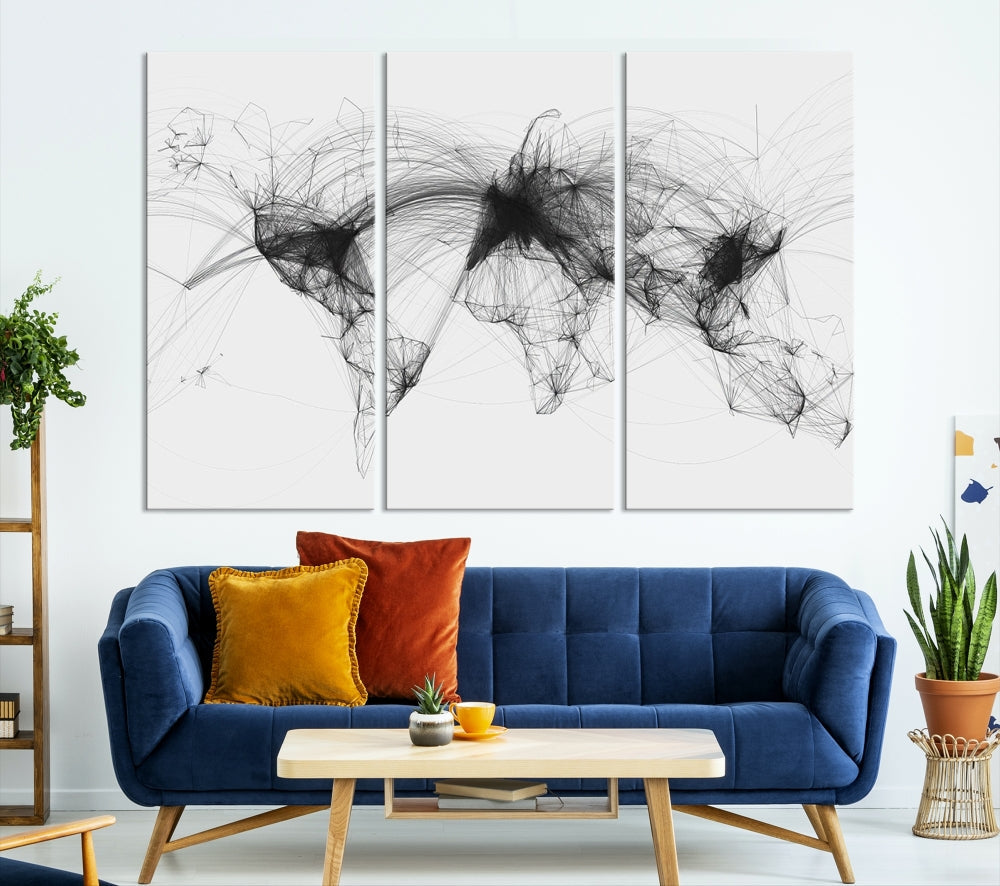 The "Flight Routes Air Traffic World Map" canvas wall art, featuring a triptych with abstract black line designs reminiscent of intricate flight paths, beautifies the wall. This framed, ready-to-hang piece adds a sophisticated touch to the living space.