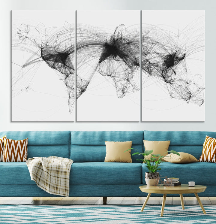 The "Flight Routes Air Traffic World Map" canvas wall art, featuring a triptych with abstract black line designs reminiscent of intricate flight paths, beautifies the wall. This framed, ready-to-hang piece adds a sophisticated touch to the living space.