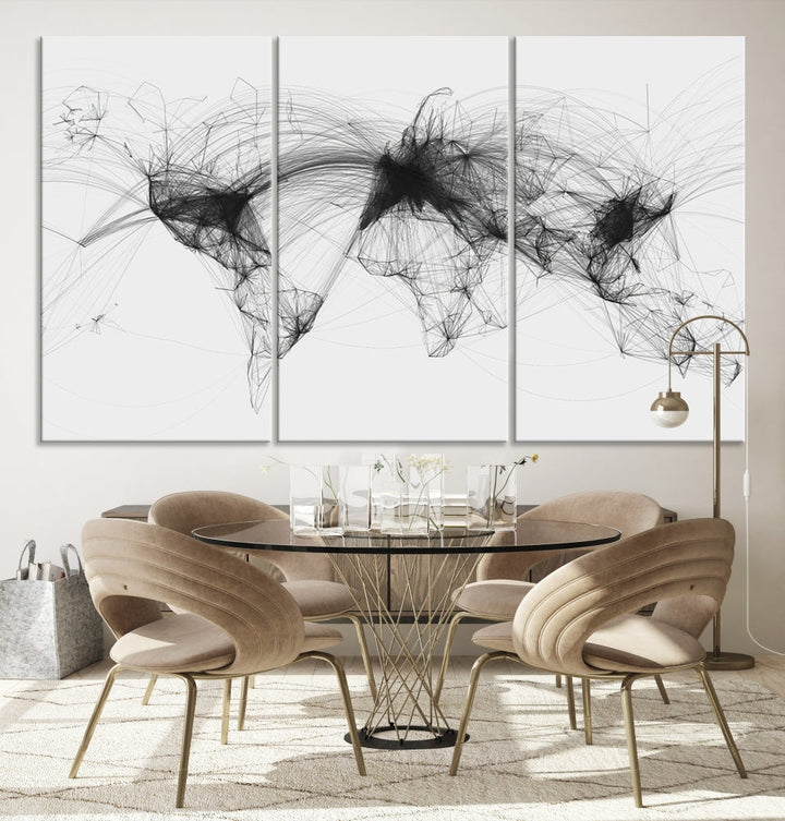 The "Flight Routes Air Traffic World Map" canvas wall art, featuring a triptych with abstract black line designs reminiscent of intricate flight paths, beautifies the wall. This framed, ready-to-hang piece adds a sophisticated touch to the living space.