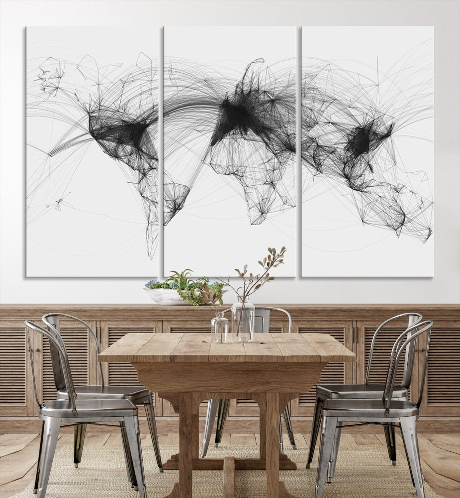 The "Flight Routes Air Traffic World Map" canvas wall art, featuring a triptych with abstract black line designs reminiscent of intricate flight paths, beautifies the wall. This framed, ready-to-hang piece adds a sophisticated touch to the living space.