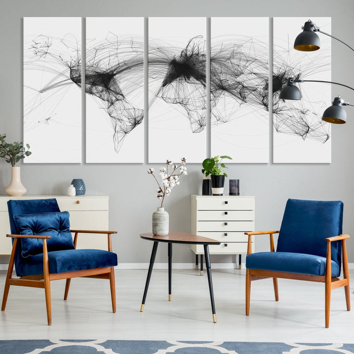 The "Flight Routes Air Traffic World Map" canvas wall art, featuring a triptych with abstract black line designs reminiscent of intricate flight paths, beautifies the wall. This framed, ready-to-hang piece adds a sophisticated touch to the living space.