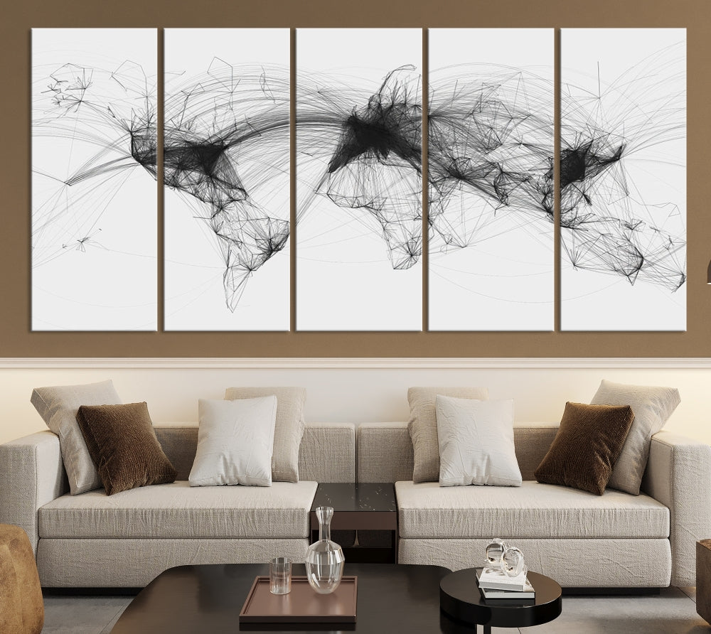 The "Flight Routes Air Traffic World Map" canvas wall art, featuring a triptych with abstract black line designs reminiscent of intricate flight paths, beautifies the wall. This framed, ready-to-hang piece adds a sophisticated touch to the living space.