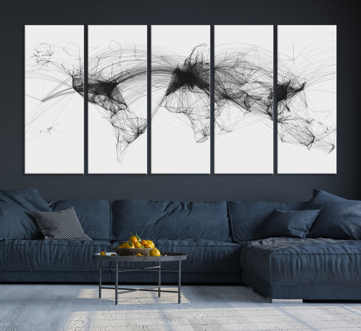 The "Flight Routes Air Traffic World Map" canvas wall art, featuring a triptych with abstract black line designs reminiscent of intricate flight paths, beautifies the wall. This framed, ready-to-hang piece adds a sophisticated touch to the living space.