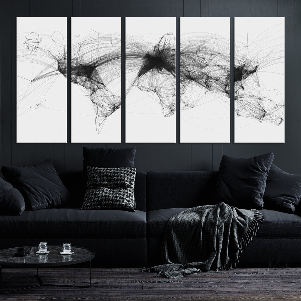 The "Flight Routes Air Traffic World Map" canvas wall art, featuring a triptych with abstract black line designs reminiscent of intricate flight paths, beautifies the wall. This framed, ready-to-hang piece adds a sophisticated touch to the living space.