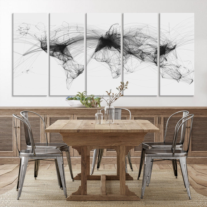 The "Flight Routes Air Traffic World Map" canvas wall art, featuring a triptych with abstract black line designs reminiscent of intricate flight paths, beautifies the wall. This framed, ready-to-hang piece adds a sophisticated touch to the living space.