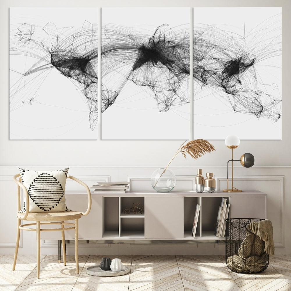 The "Flight Routes Air Traffic World Map" canvas wall art, featuring a triptych with abstract black line designs reminiscent of intricate flight paths, beautifies the wall. This framed, ready-to-hang piece adds a sophisticated touch to the living space.