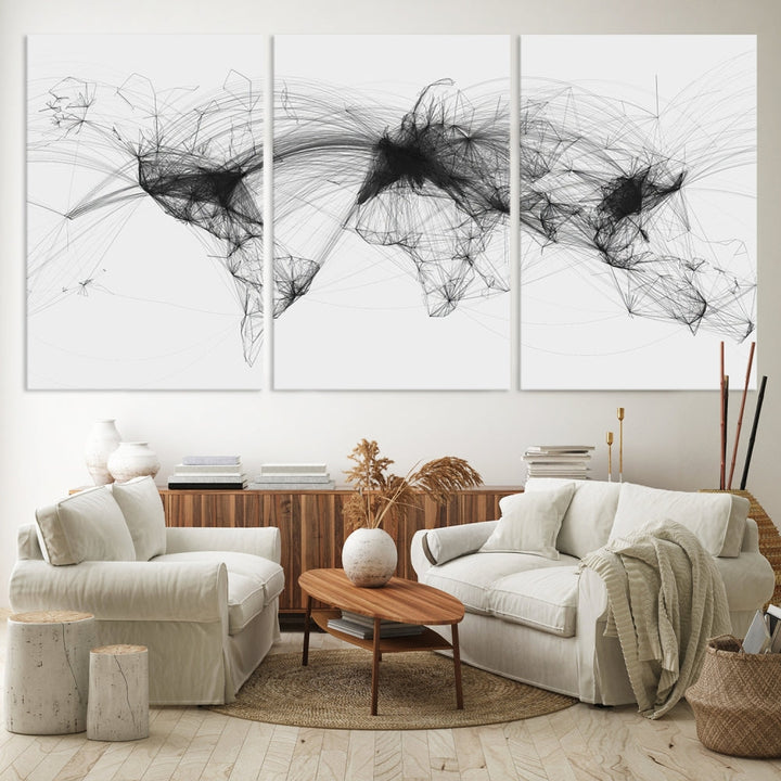 The "Flight Routes Air Traffic World Map" canvas wall art, featuring a triptych with abstract black line designs reminiscent of intricate flight paths, beautifies the wall. This framed, ready-to-hang piece adds a sophisticated touch to the living space.