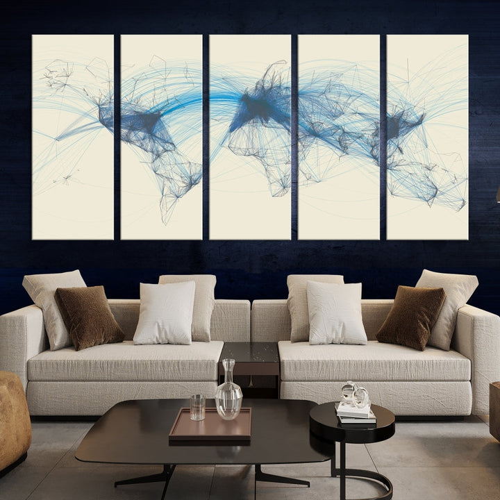 The Flight Routes Map art, featuring an abstract world map with blue connections representing global networks, is a three-panel canvas wall art piece.