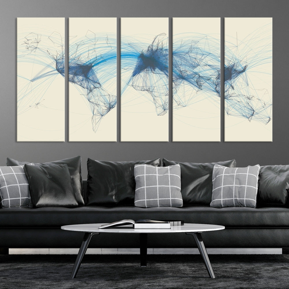 The Flight Routes Map art, featuring an abstract world map with blue connections representing global networks, is a three-panel canvas wall art piece.