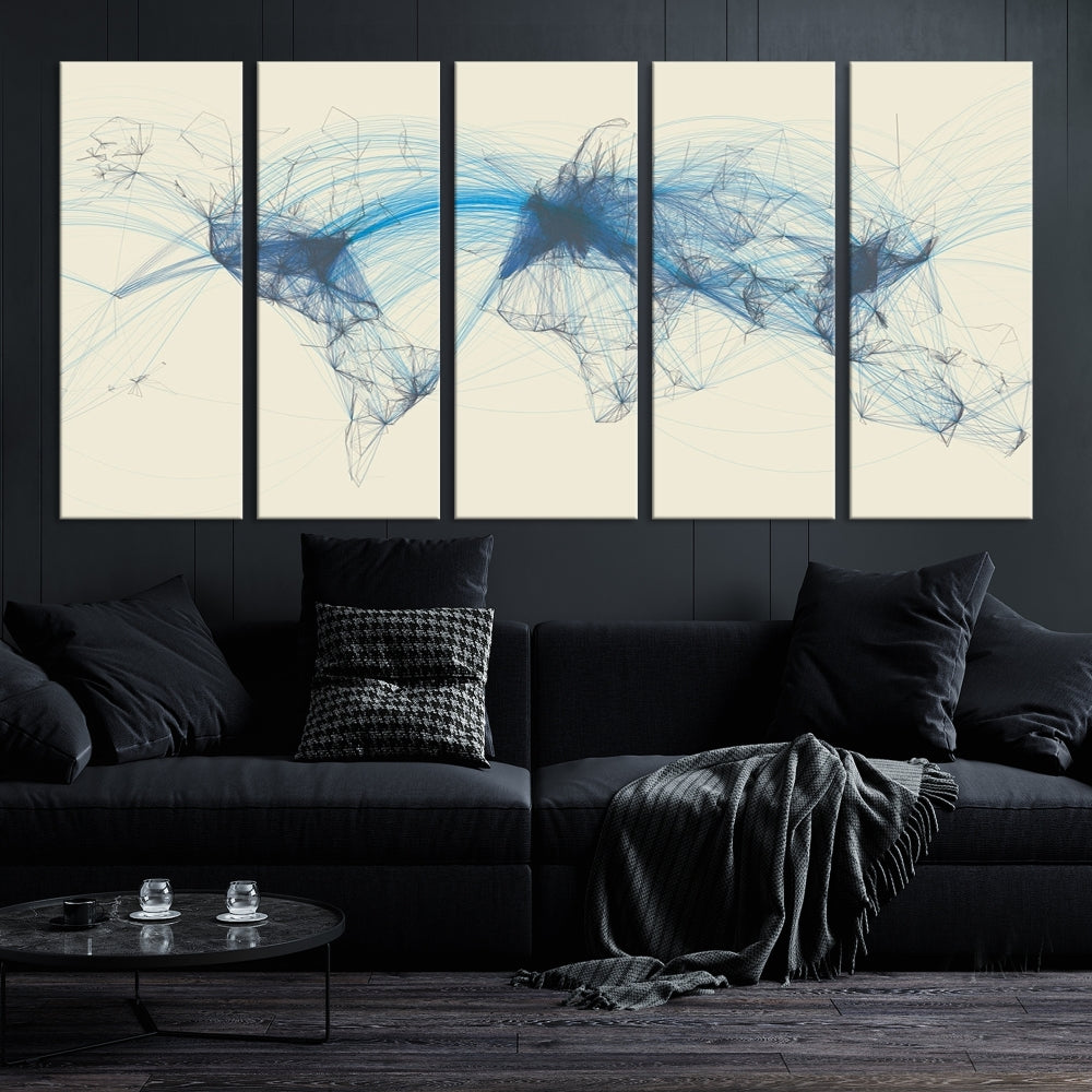 The Flight Routes Map art, featuring an abstract world map with blue connections representing global networks, is a three-panel canvas wall art piece.