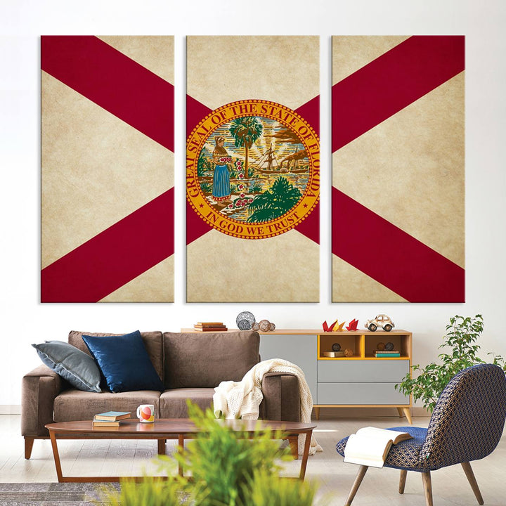 A Florida States Flag Wall Art Canvas Print, featuring a UV-protective coating for museum-quality preservation, is displayed.