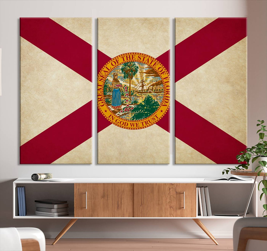 A Florida States Flag Wall Art Canvas Print, featuring a UV-protective coating for museum-quality preservation, is displayed.