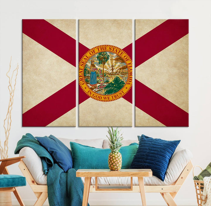 A Florida States Flag Wall Art Canvas Print, featuring a UV-protective coating for museum-quality preservation, is displayed.