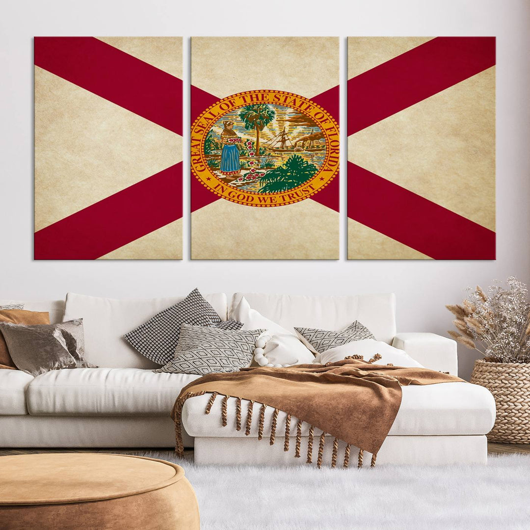 A Florida States Flag Wall Art Canvas Print, featuring a UV-protective coating for museum-quality preservation, is displayed.