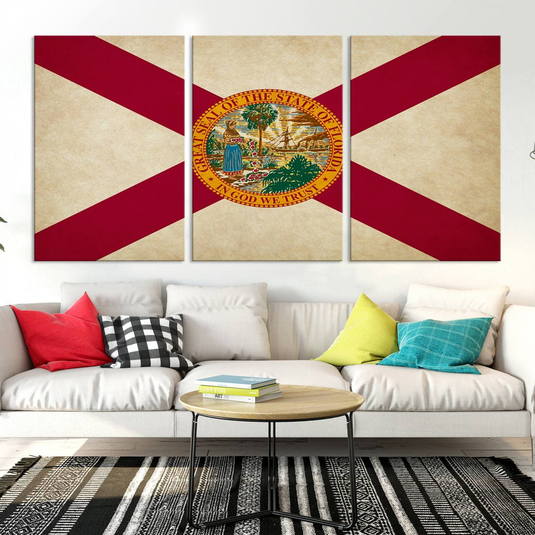 A Florida States Flag Wall Art Canvas Print, featuring a UV-protective coating for museum-quality preservation, is displayed.