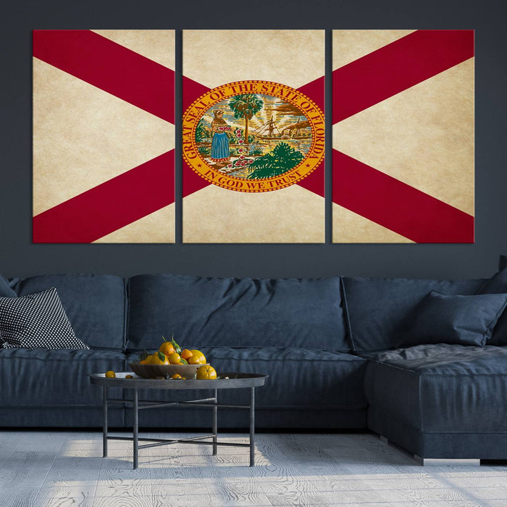 A Florida States Flag Wall Art Canvas Print, featuring a UV-protective coating for museum-quality preservation, is displayed.