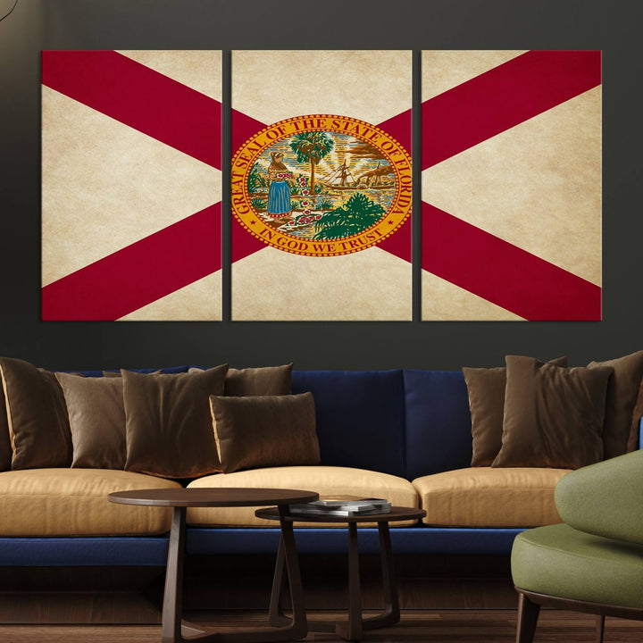 A Florida States Flag Wall Art Canvas Print, featuring a UV-protective coating for museum-quality preservation, is displayed.