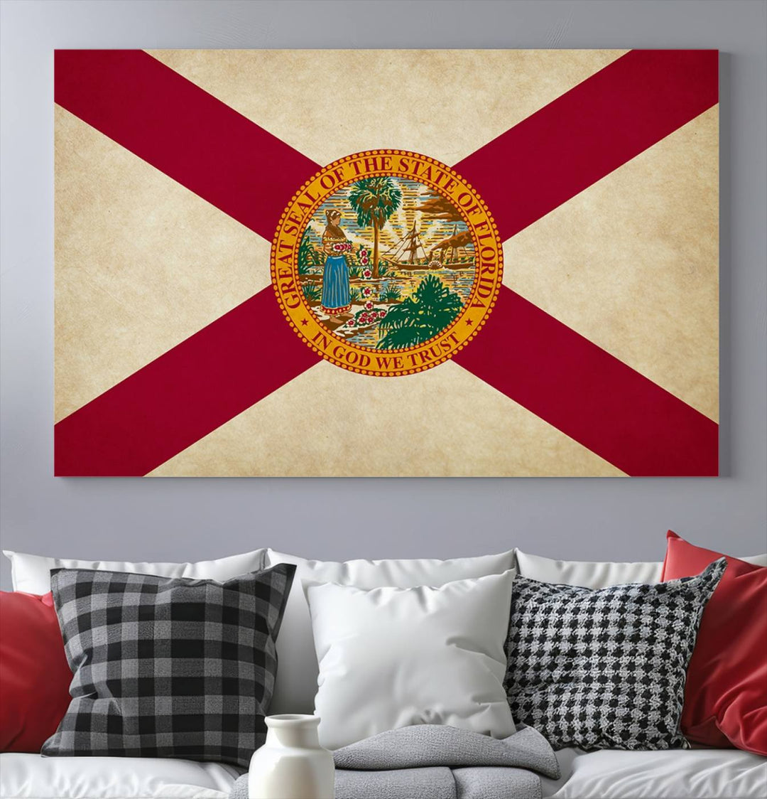 A Florida States Flag Wall Art Canvas Print, featuring a UV-protective coating for museum-quality preservation, is displayed.