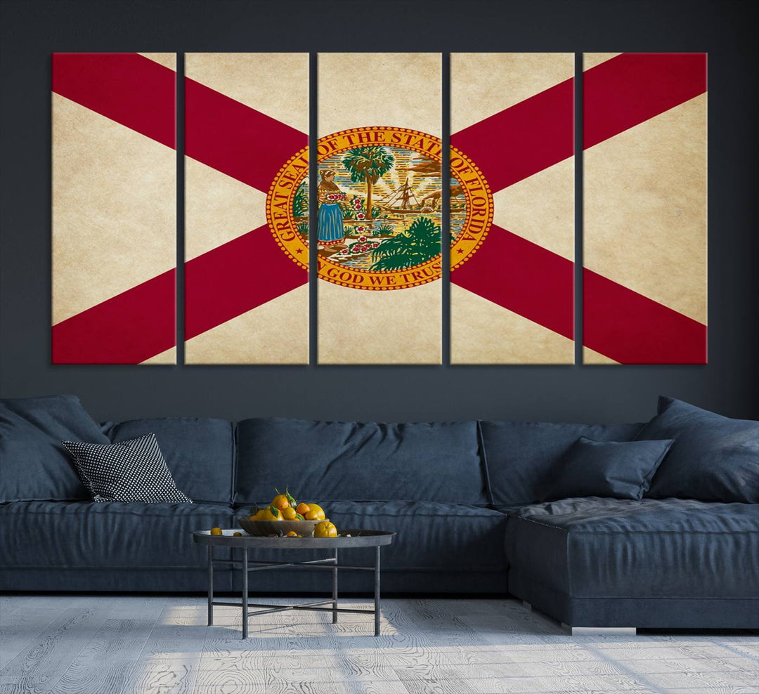 A Florida States Flag Wall Art Canvas Print, featuring a UV-protective coating for museum-quality preservation, is displayed.