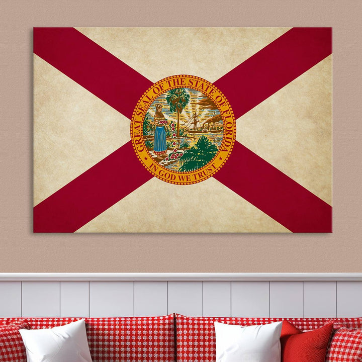 A Florida States Flag Wall Art Canvas Print, featuring a UV-protective coating for museum-quality preservation, is displayed.