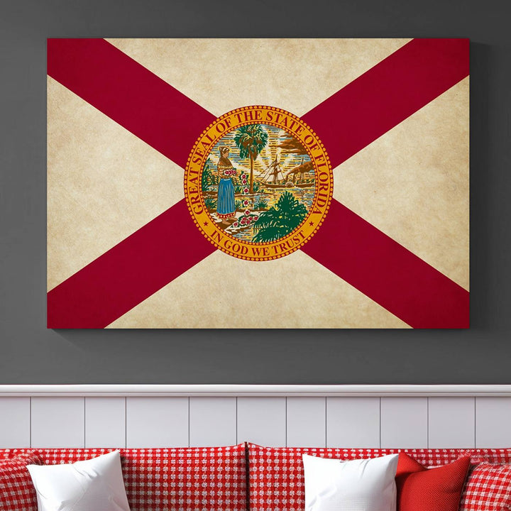 A Florida States Flag Wall Art Canvas Print, featuring a UV-protective coating for museum-quality preservation, is displayed.