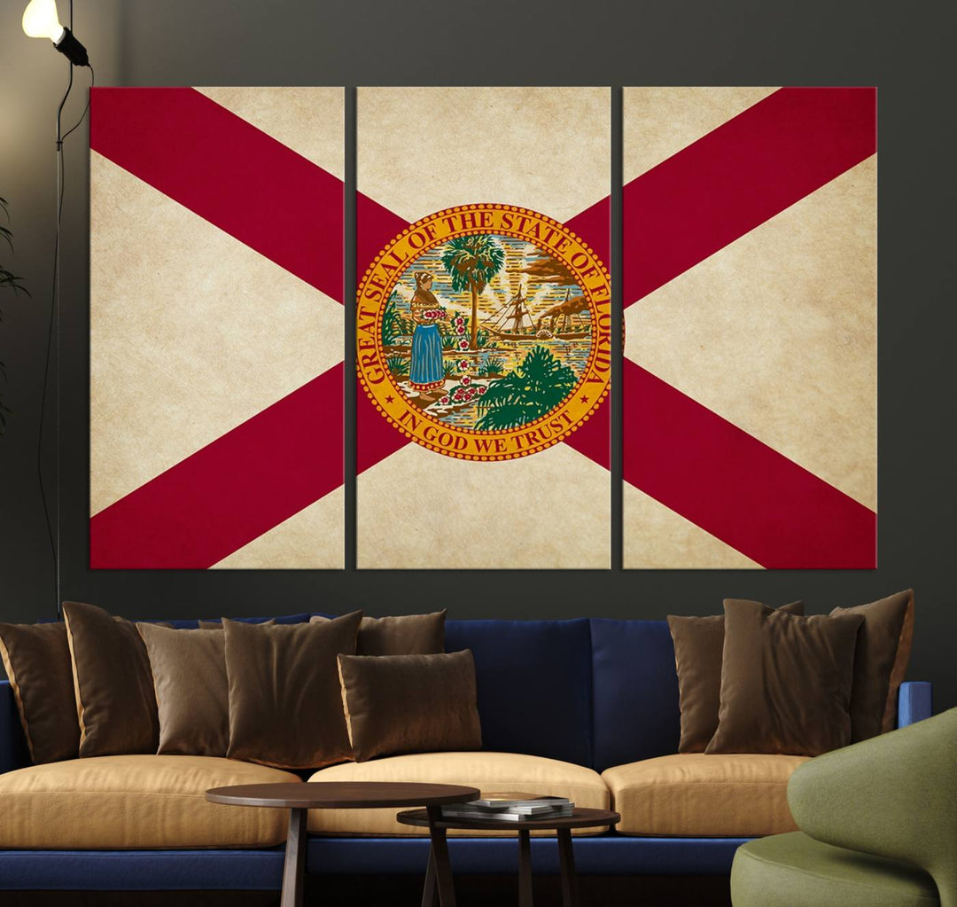 A Florida States Flag Wall Art Canvas Print, featuring a UV-protective coating for museum-quality preservation, is displayed.