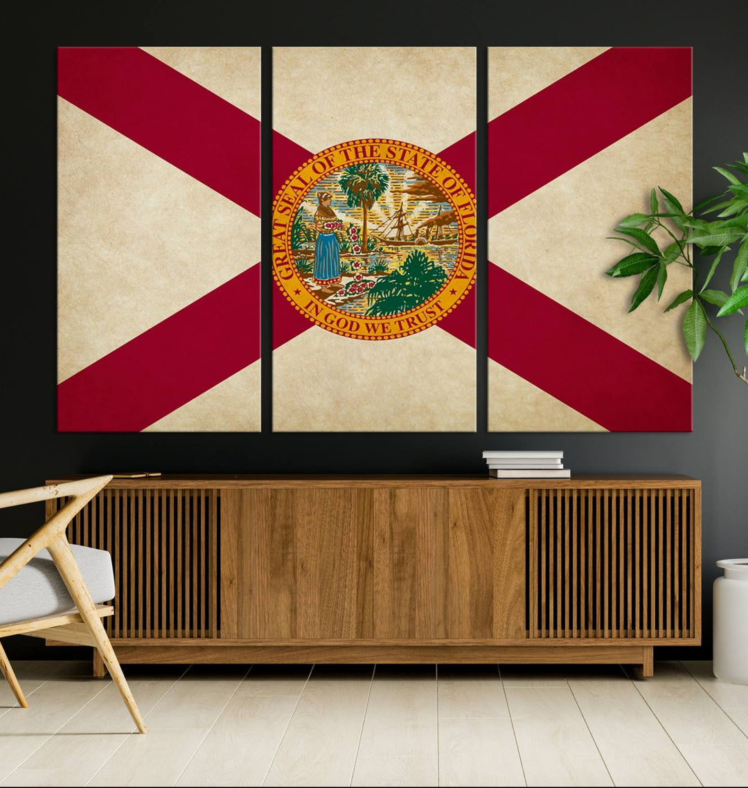 A Florida States Flag Wall Art Canvas Print, featuring a UV-protective coating for museum-quality preservation, is displayed.