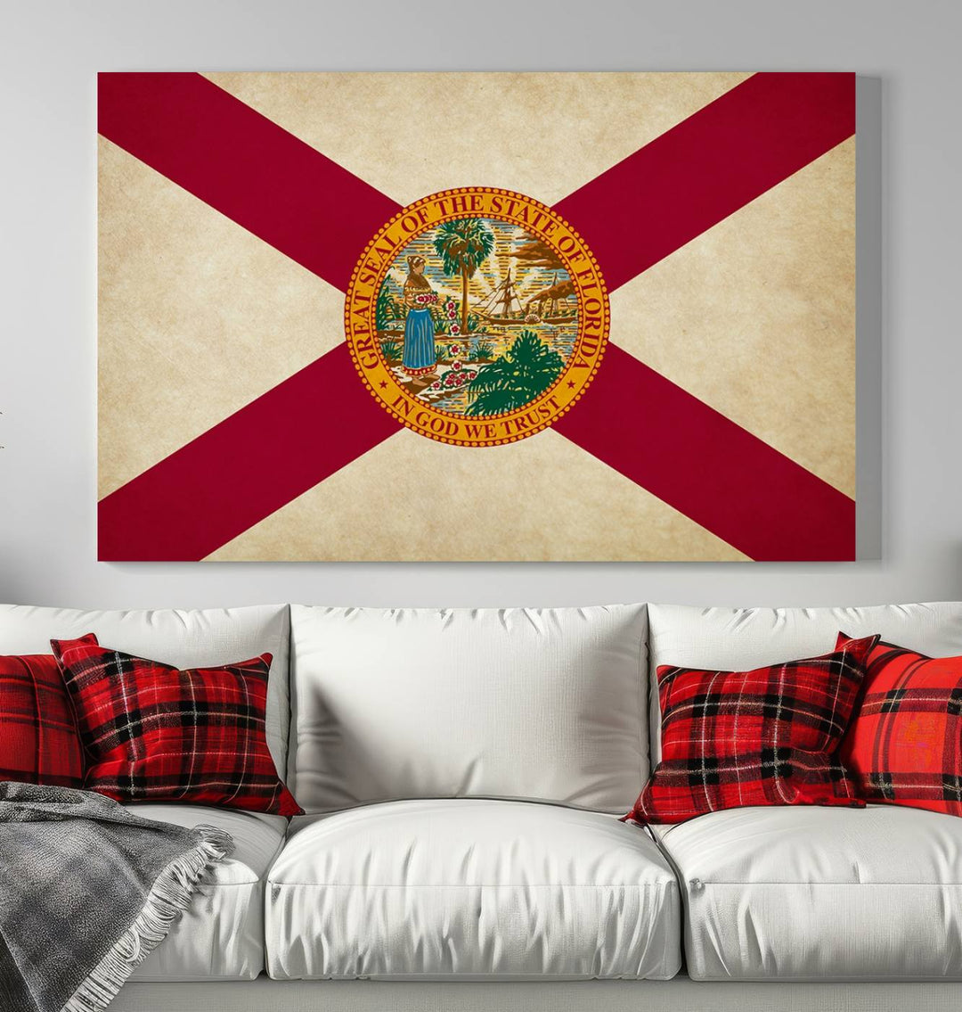 A Florida States Flag Wall Art Canvas Print, featuring a UV-protective coating for museum-quality preservation, is displayed.