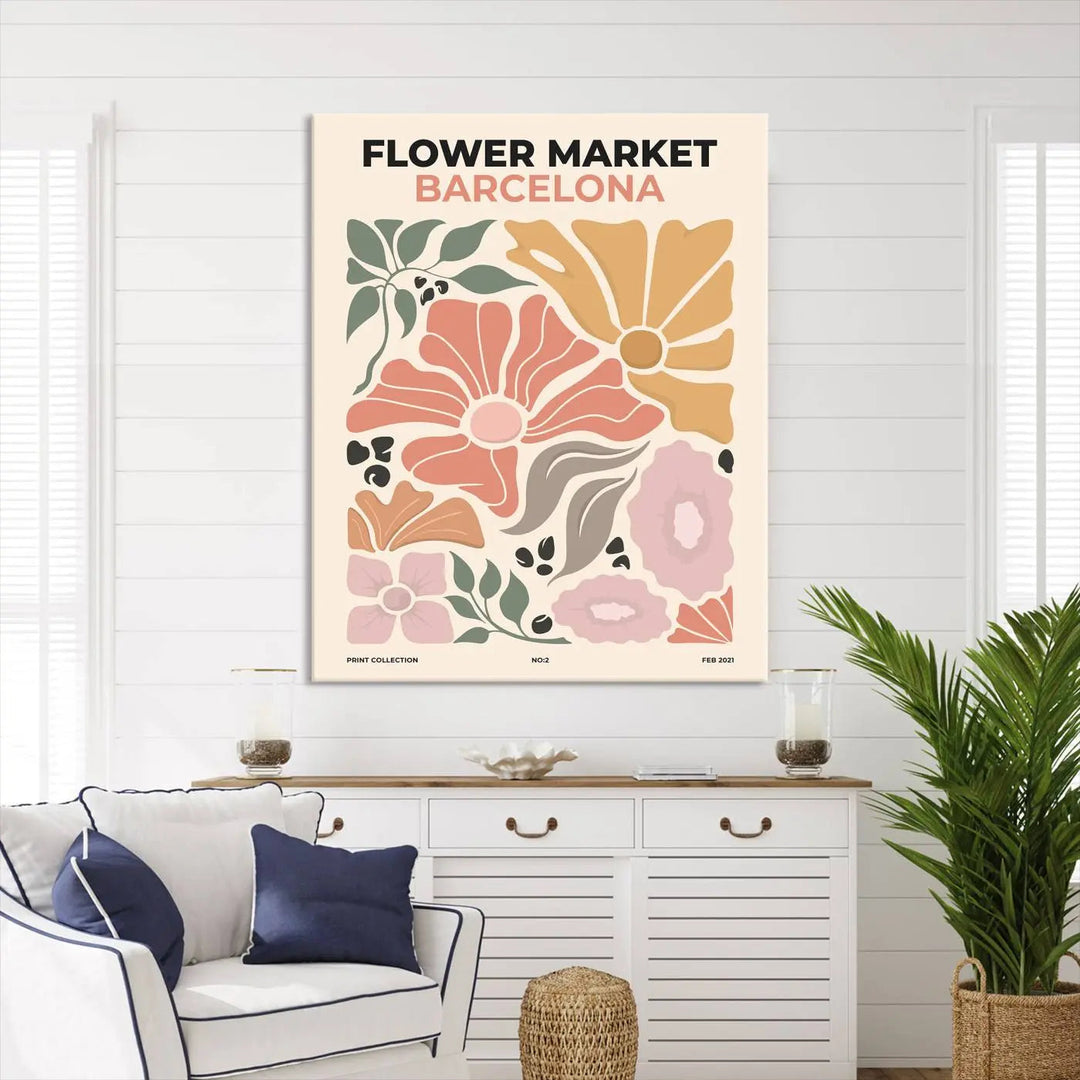 The Flower Market Barcelona Canvas Wall Art Print beautifully adorns a modern living room with a boho aesthetic, showcasing floral decor.