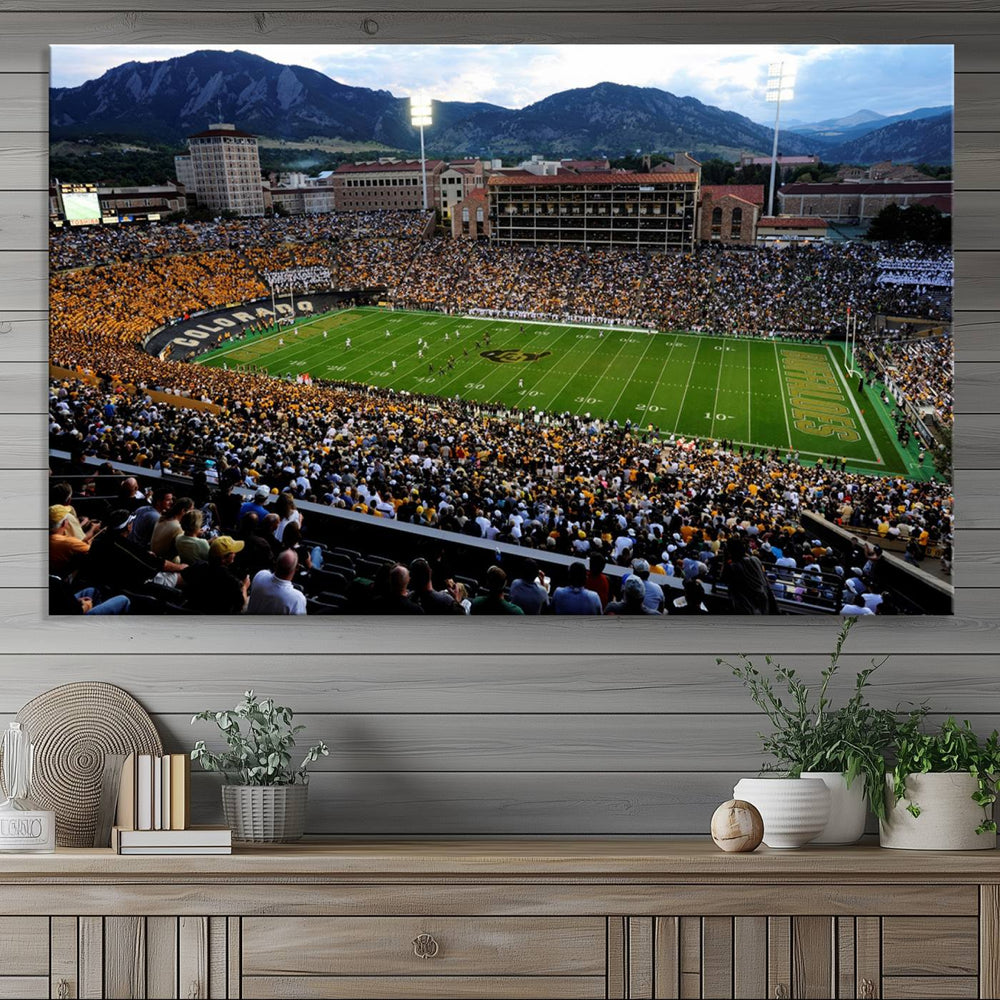 Experience the Folsom Field - University of Colorado Buffaloes Football Stadium Wall Art, a stunning ready-to-hang and framed canvas print. In this vibrant masterpiece, the bustling stadium is beautifully depicted in rich detail.