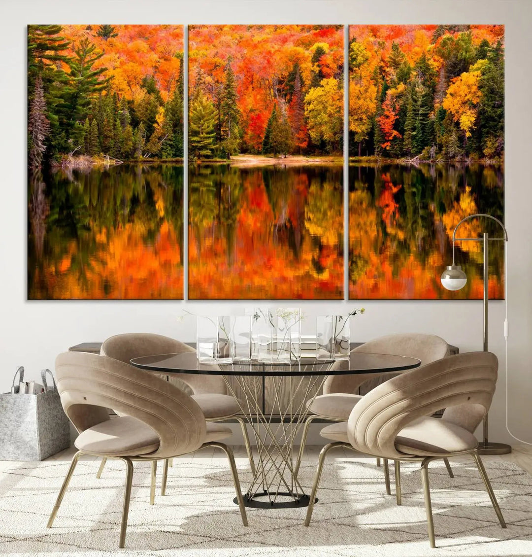 The modern dining room showcases the Forest Reflection Art, a vibrant triptych canvas print of autumn forest reflections.