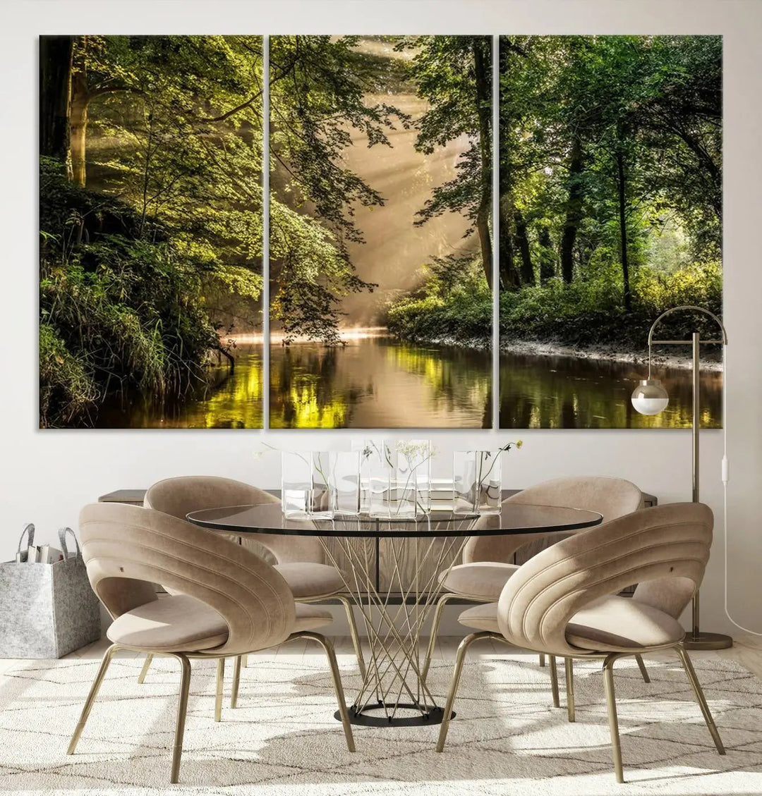 The dining room is enhanced by the rustic charm of a large Forest Wall Art Print, depicting a serene river landscape, perfect for farmhouse wall decor.