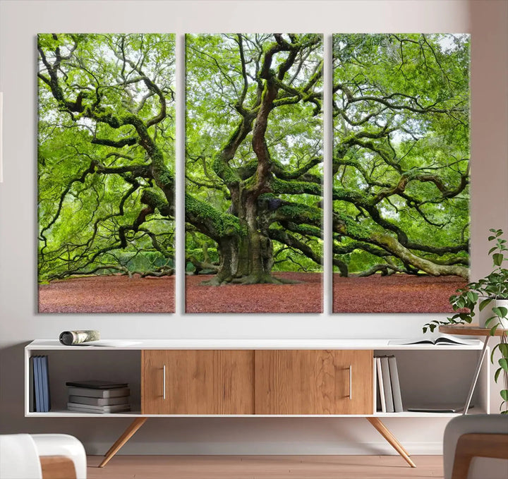 The living room features the Framed Angel Oak Tree Wall Art, a 3-panel canvas print depicting the tree's sprawling branches and lush green leaves. This large nature artwork brings a refreshing natural touch to the space and is ready to hang as home decor.