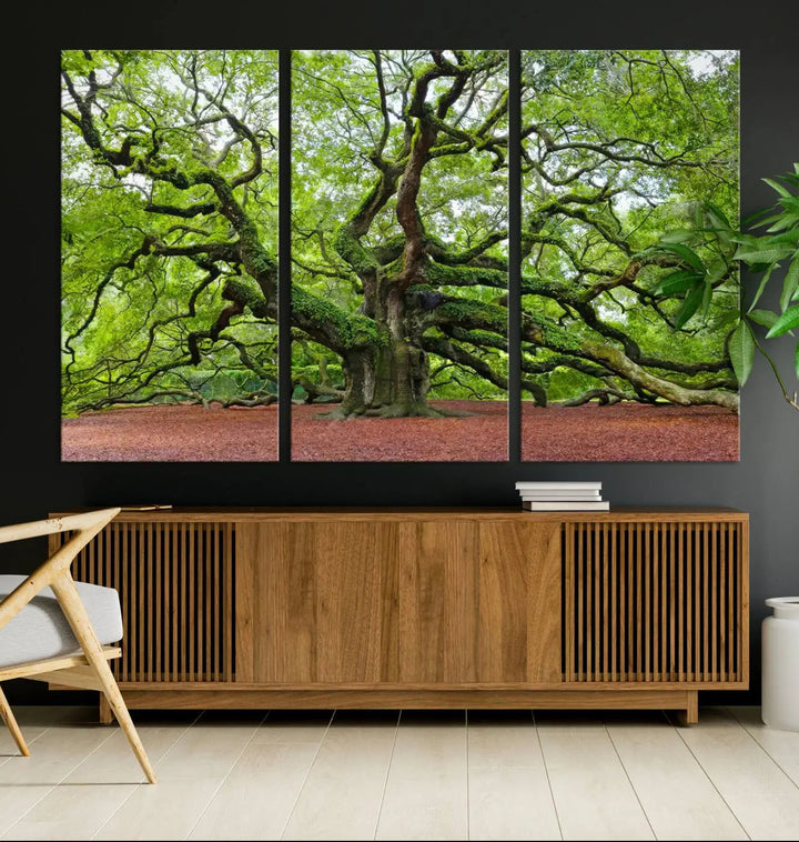 The living room features the Framed Angel Oak Tree Wall Art, a 3-panel canvas print depicting the tree's sprawling branches and lush green leaves. This large nature artwork brings a refreshing natural touch to the space and is ready to hang as home decor.