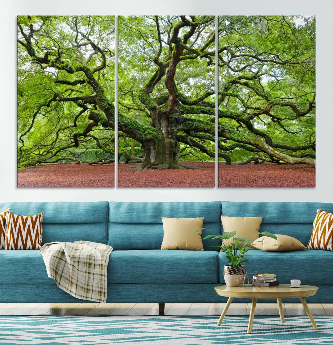 The living room features the Framed Angel Oak Tree Wall Art, a 3-panel canvas print depicting the tree's sprawling branches and lush green leaves. This large nature artwork brings a refreshing natural touch to the space and is ready to hang as home decor.