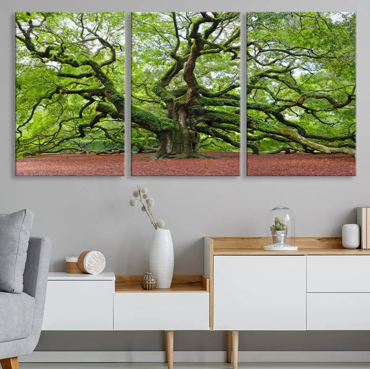 The living room features the Framed Angel Oak Tree Wall Art, a 3-panel canvas print depicting the tree's sprawling branches and lush green leaves. This large nature artwork brings a refreshing natural touch to the space and is ready to hang as home decor.