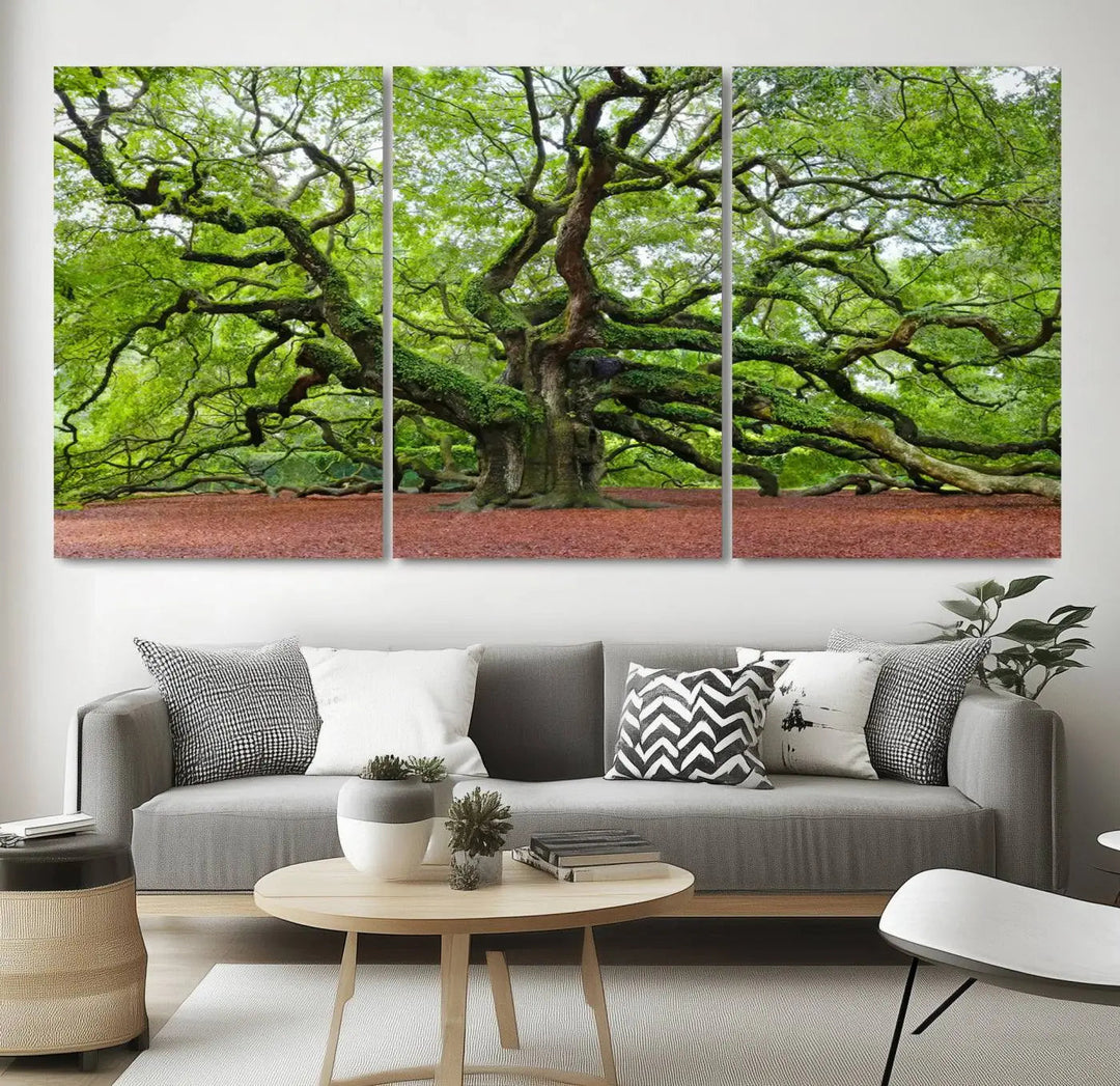 The living room features the Framed Angel Oak Tree Wall Art, a 3-panel canvas print depicting the tree's sprawling branches and lush green leaves. This large nature artwork brings a refreshing natural touch to the space and is ready to hang as home decor.