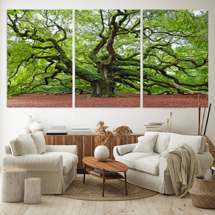 The living room features the Framed Angel Oak Tree Wall Art, a 3-panel canvas print depicting the tree's sprawling branches and lush green leaves. This large nature artwork brings a refreshing natural touch to the space and is ready to hang as home decor.